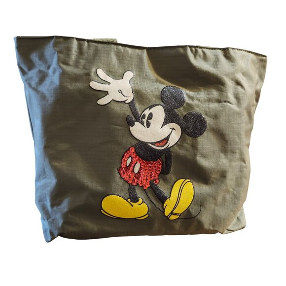 Disney 3pc Mickey Mouse Bag Set Tote Crossbody Cosmetic Ripstop Nylon Green New - Picture 2 of 7